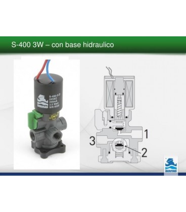 Solenoide Bermad S400, 3 vías, 24vAC, NC, base plástico.