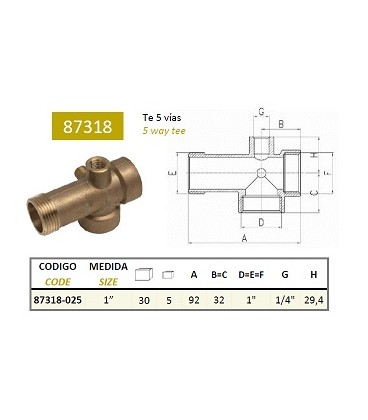 Racor 5 vías de latón 1"x1"x1"x92mm